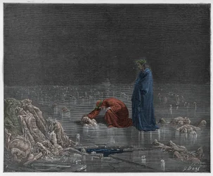 Inferno, Canto 32: Dante si rivolge al traditore Bocca degli Abati (illustrazione dalla Divina Commedia di Dante Alighieri, 1885)